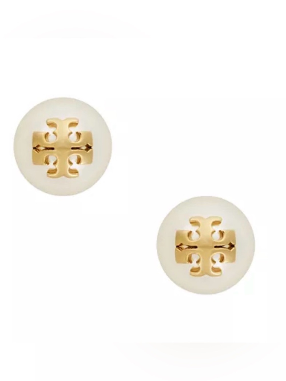Tory Burch Ivory Pearl Logo Stud Earrings - Gold Accent